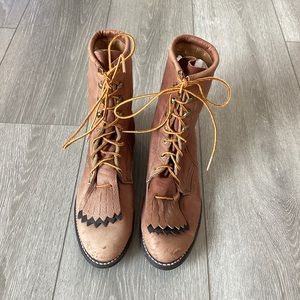 Vintage Laredo Leather Lace Up Riding Boots W/ Fringe Detail at Toe Size 7.5